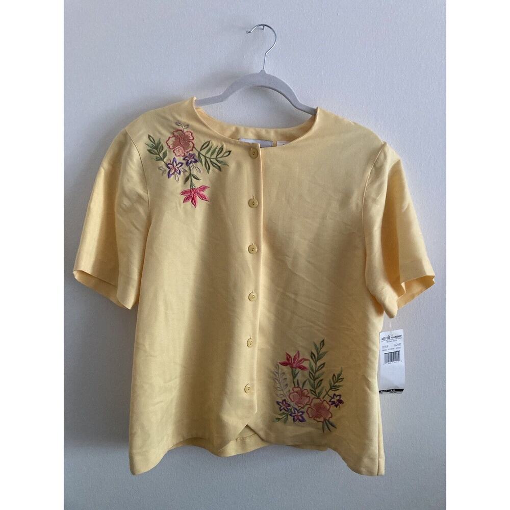 Alfred Dunner Women Buena Vista Floral Embroidered Yellow Button Blouse Top 12